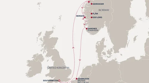 Routengrafik Eine Reise zu majestätischen Fjorden, tosenden Wasserfällen und zeitlosem europäischem Charme