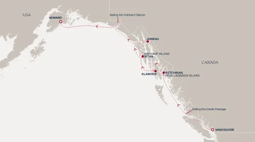 Routengrafik Eine Reise durch Alaska voller ruhiger Gewässer, nebelverhangener Küsten und aufregender Abenteuer