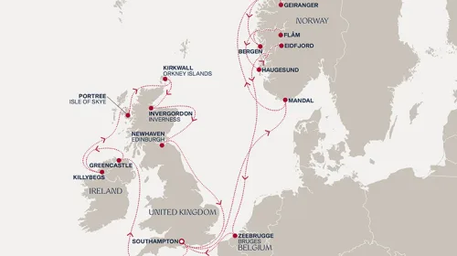 Routengrafik Eine „Extended Journey“ entlang der keltischen Küsten, zu den Legenden der Highlands und den Spuren der Wikinger