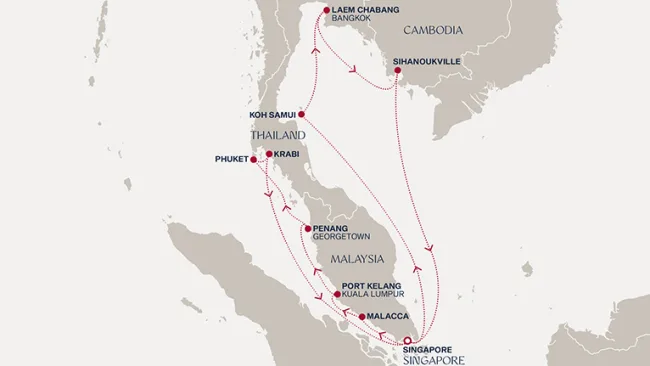 Routenverlauf Eine „Extended Journey“ von Singapurs Gärten zur lebendigen Küste Kambodschas