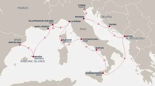 Routengrafik Eine „Extended Journey“ vom Erbe der Adria zu den Rivieras des Mittelmeers