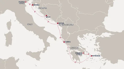 Routengrafik Eine Reise von den Küsten des antiken Griechenlands zu den legendären Kanälen Venedigs