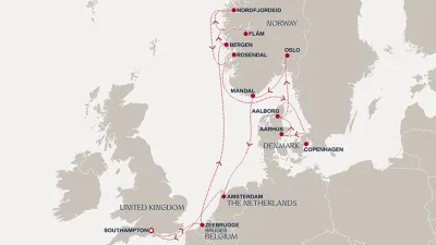 Routenverlauf Eine „Extended Journey“ durch Skandinaviens berühmte Wasserwege bis zu den Grachten von Amsterdam