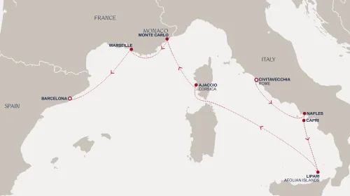 Routengrafik Eine Reise zu temperamentvollen Mittelmeerstädten und sonnenverwöhnten Inseln