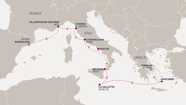 Routenverlauf Eine Reise nach Santorin, Sizilien und an die Côte d’Azur