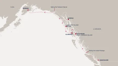 Routenverlauf Eine Reise durch Alaska voller ruhiger Gewässer, nebelverhangener Küsten und aufregender Abenteuer