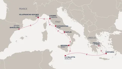 Routenverlauf Eine Reise nach Santorin, Sizilien und an die Côte d’Azur