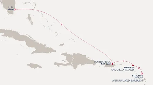 Routengrafik Eine Reise zu tropischen Küsten mit entspannten Tagen auf See