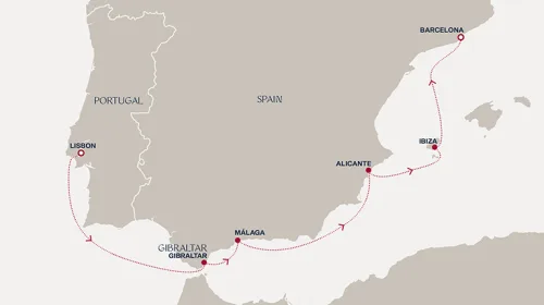 Routengrafik Eine Reise von Lissabon nach Barcelona entlang der Südküste der Iberischen Halbinsel