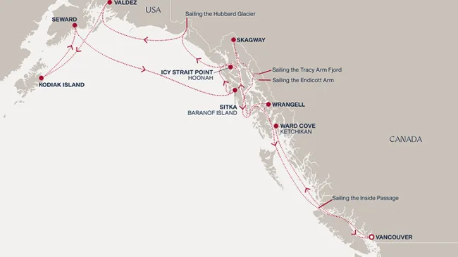 Routenverlauf Eine „Extended Journey“ durch die wilden Fjorde Alaskas und zu Kulturdenkmälern aus längst vergangenen Zeiten