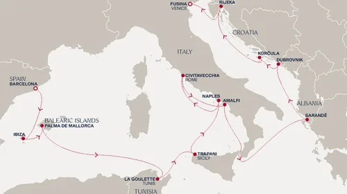 Routengrafik Eine „Extended Journey“ durch die geschichtsträchtige Adria und entlang der Küsten des südlichen Mittelmeers