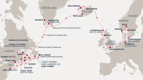 Routengrafik Eine „Grand Journey“ von den nordischen Hauptstädten zu den Küsten Kanadas und Neuenglands