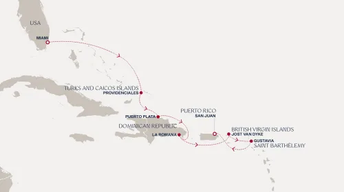 Routengrafik Eine Reise zu verführerischen karibischen Küsten und grünen Landschaften