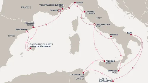 Routengrafik Eine „Extended Journey“ im Mittelmeer mit Neujahrsfest an der Côte d’Azur