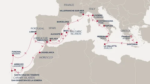 Routengrafik Eine „Extended Journey“ über drei Meere – von der Ägäis zum Atlantik