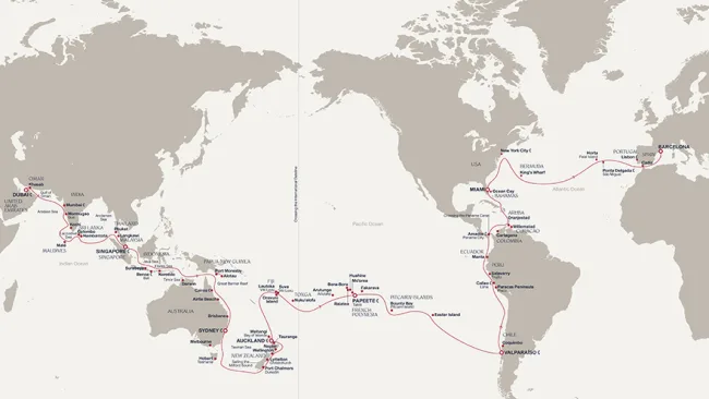 Routenverlauf „Endless Worlds“, unsere 128-tägige erste „World Journey“ 2029 