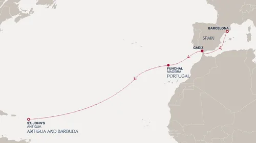Routengrafik Eine Reise über den Atlantik bis in die Karibik